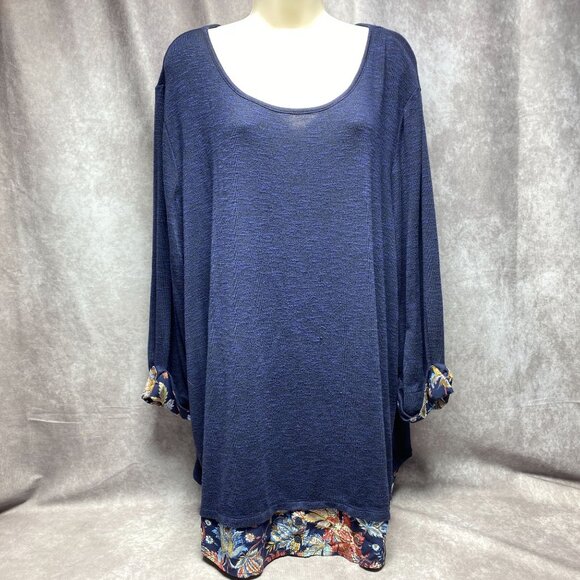 Catherines 2X Plus Size Blue Tunic Long Sleeve Top With Floral Accents - Picture 2 of 9